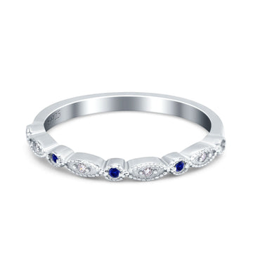 Half Eternity Wedding Band Ring Round Simulated Blue Sapphire CZ 925 Sterling Silver